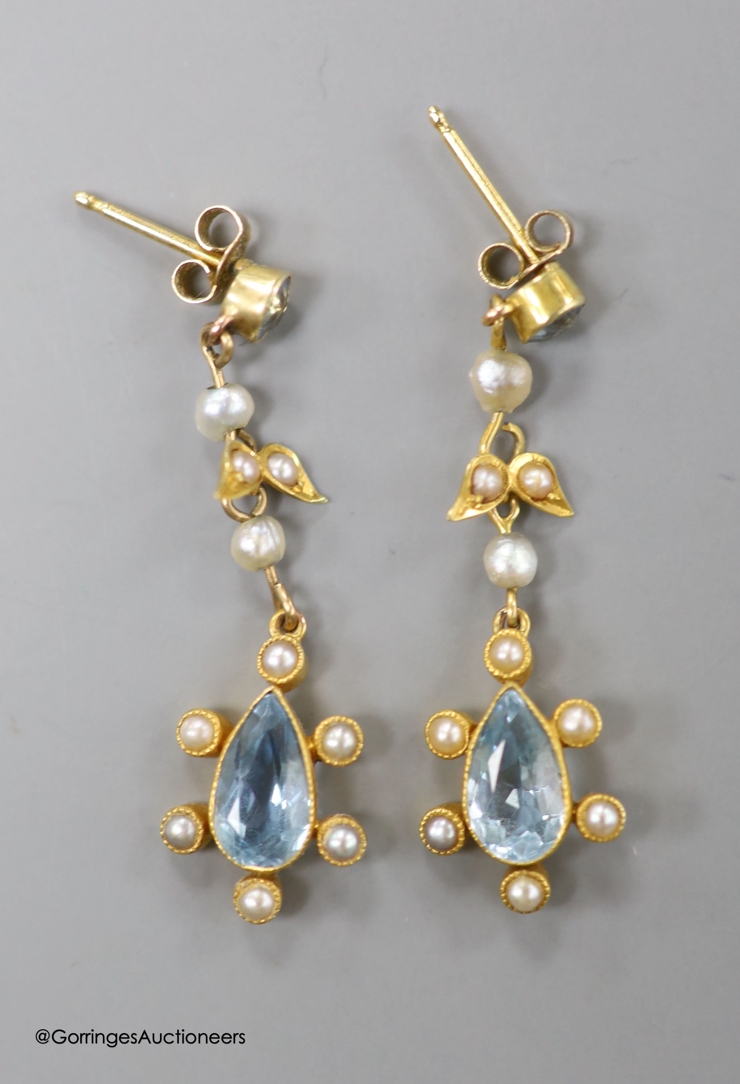 A pair of late Victorian 15ct, aquamarine and seed pearl set drop earrings, 33mm